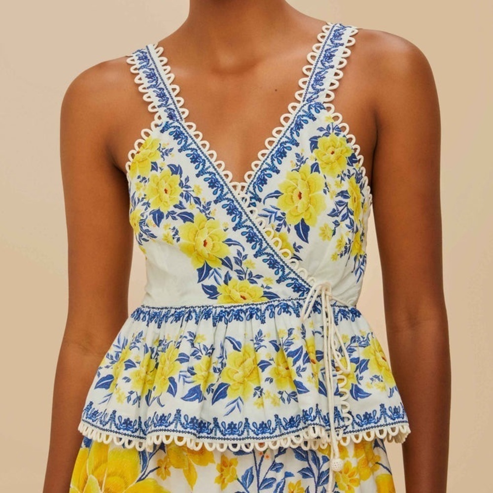 NWT Farm Rio Zuli Cotton Floral Scallop Trim Tie V Neck Peplum Cami Tank Top